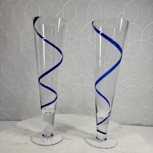 Pier 1 Swirline Pilsner Glass Pair 10" Cobalt Blue Handblown Set of 2